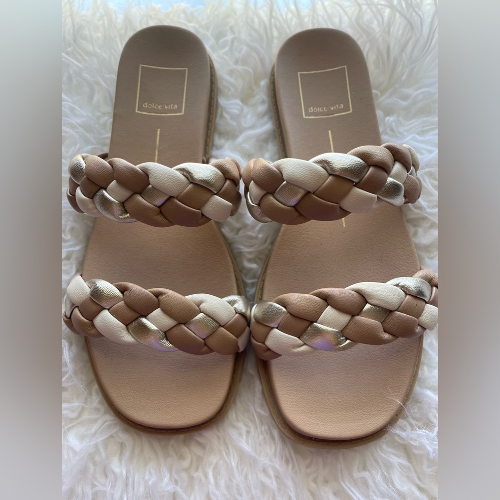 Dolce Vita Signe Braided Wedge Sandals Pink Taupe Cream Gold 6.5 - Picture 2 of 5